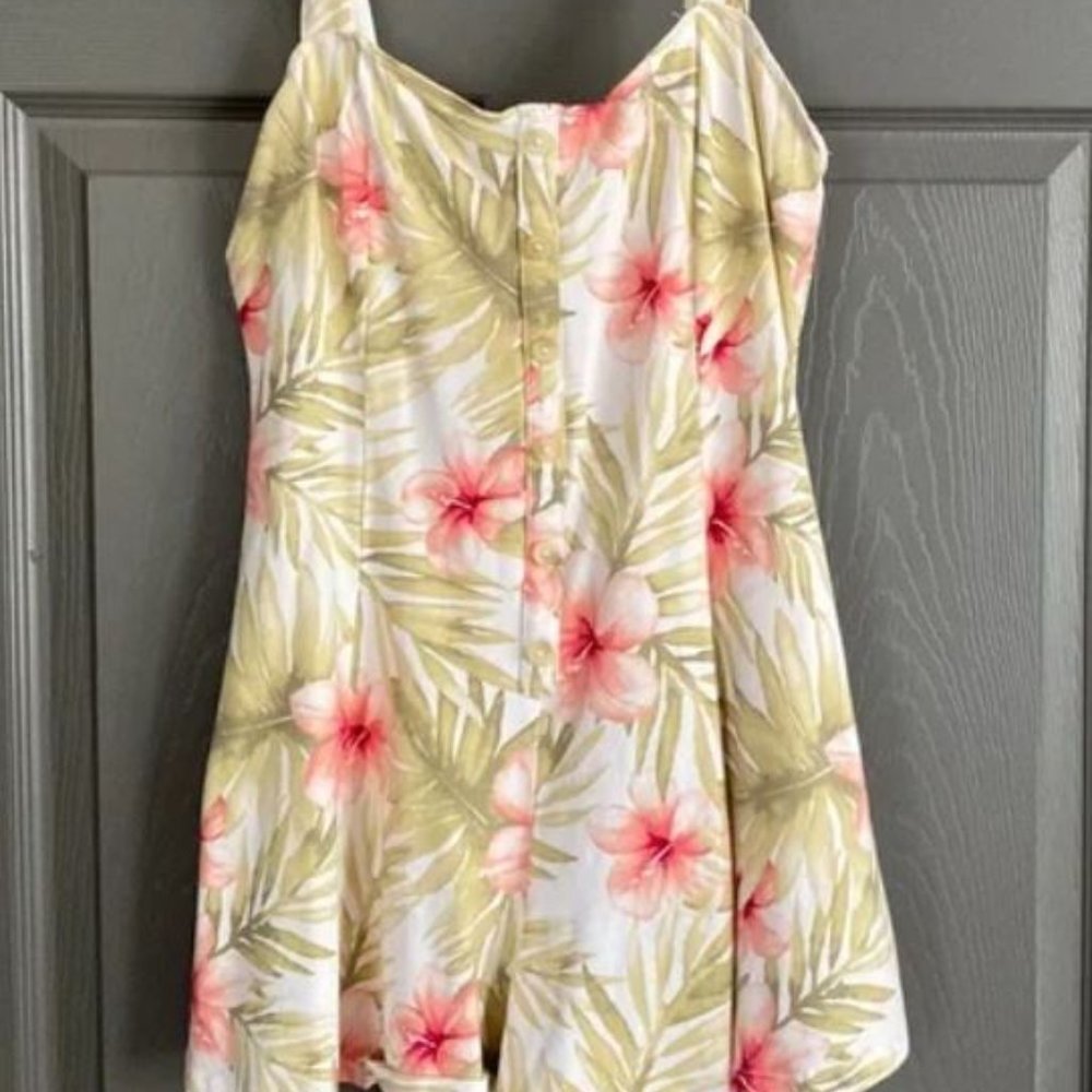3X Forever 21 Plus Romper Tropical Buttons Floral Green, White and Pink Strappy